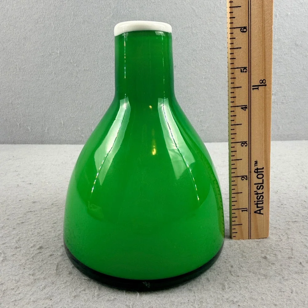 Vintage Mid Century Emerald Green Cased Glass Vase White‎ Rim 6 Inch MCM Decor